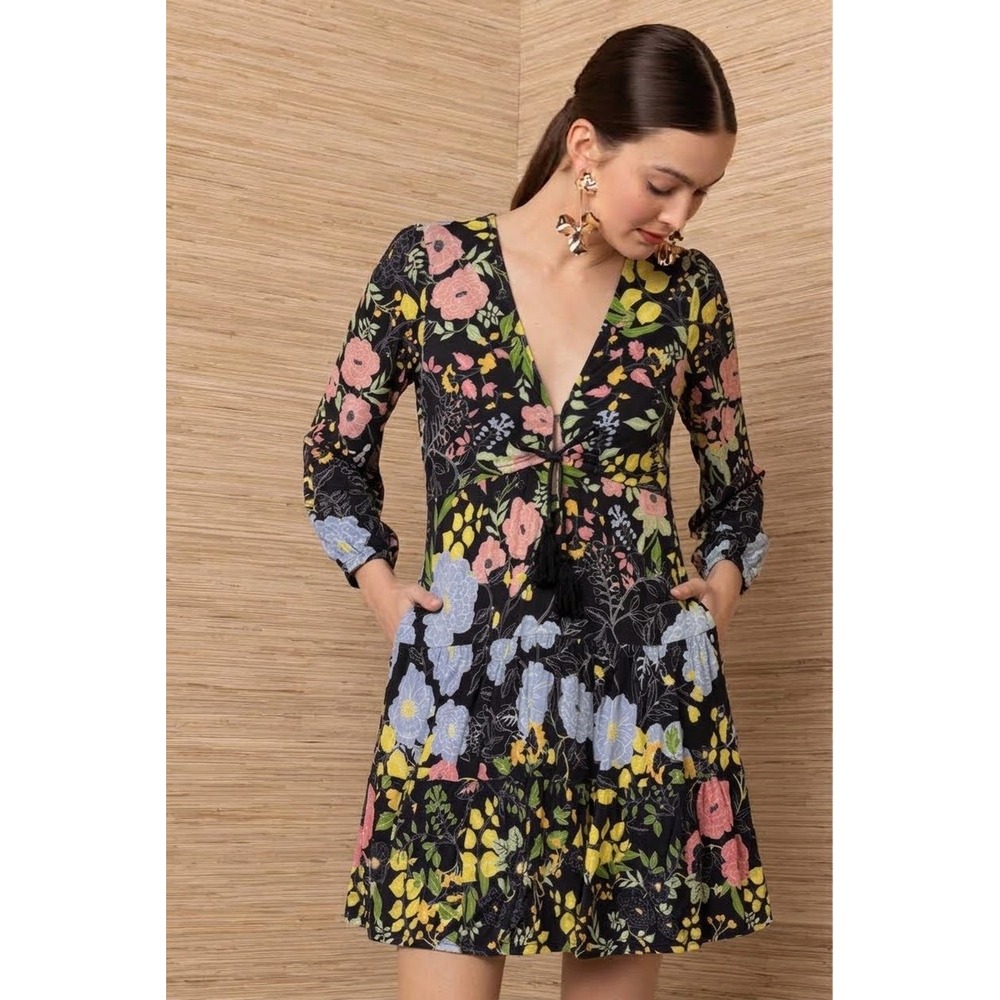 Hale Bob Floral Babydoll Jersey Dress S Tassel Drawstring Tiered Boho Whimsy Art